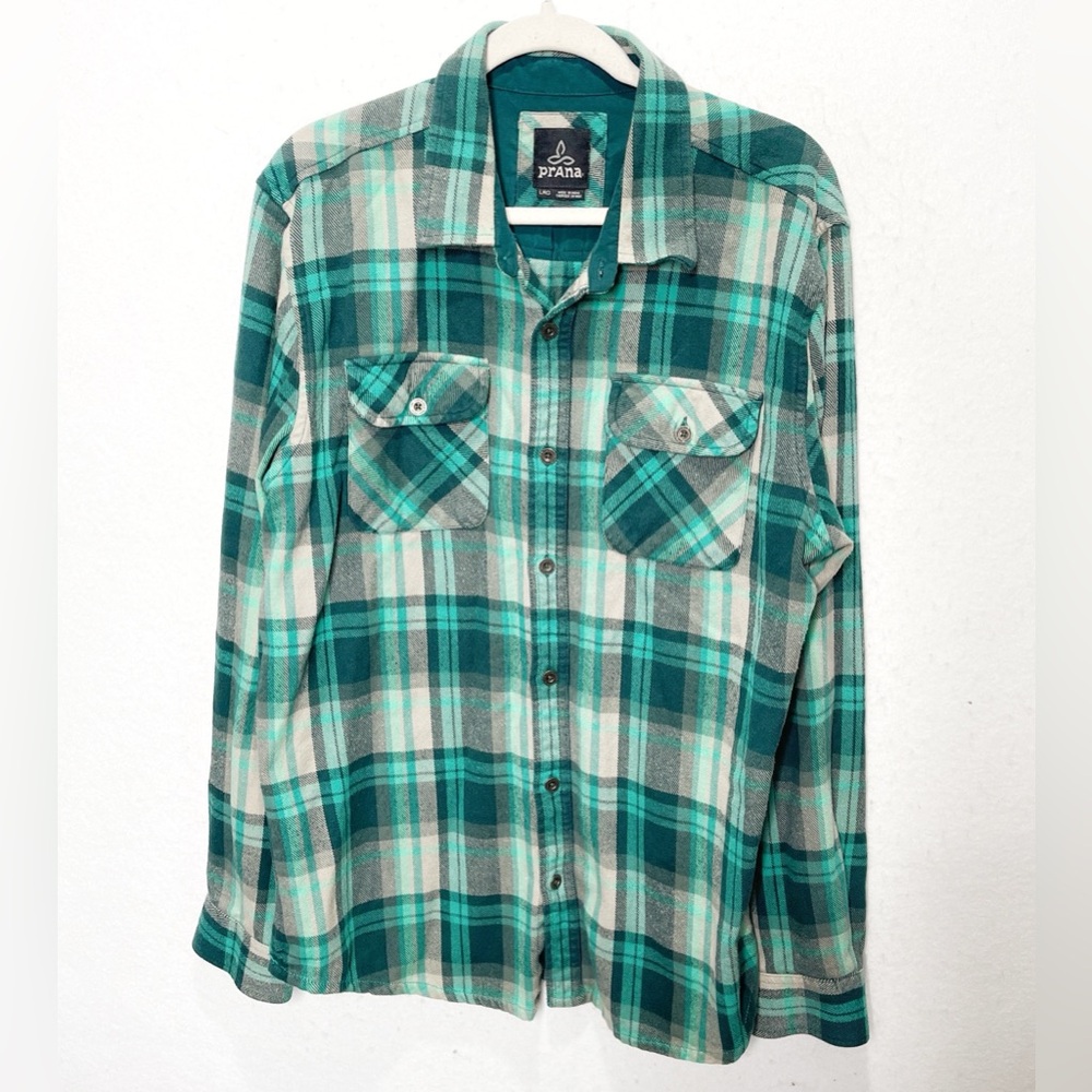 Prana Lybeck Flannel Teal Green Plaid Button Front Long Sleeve Organic Cotton L